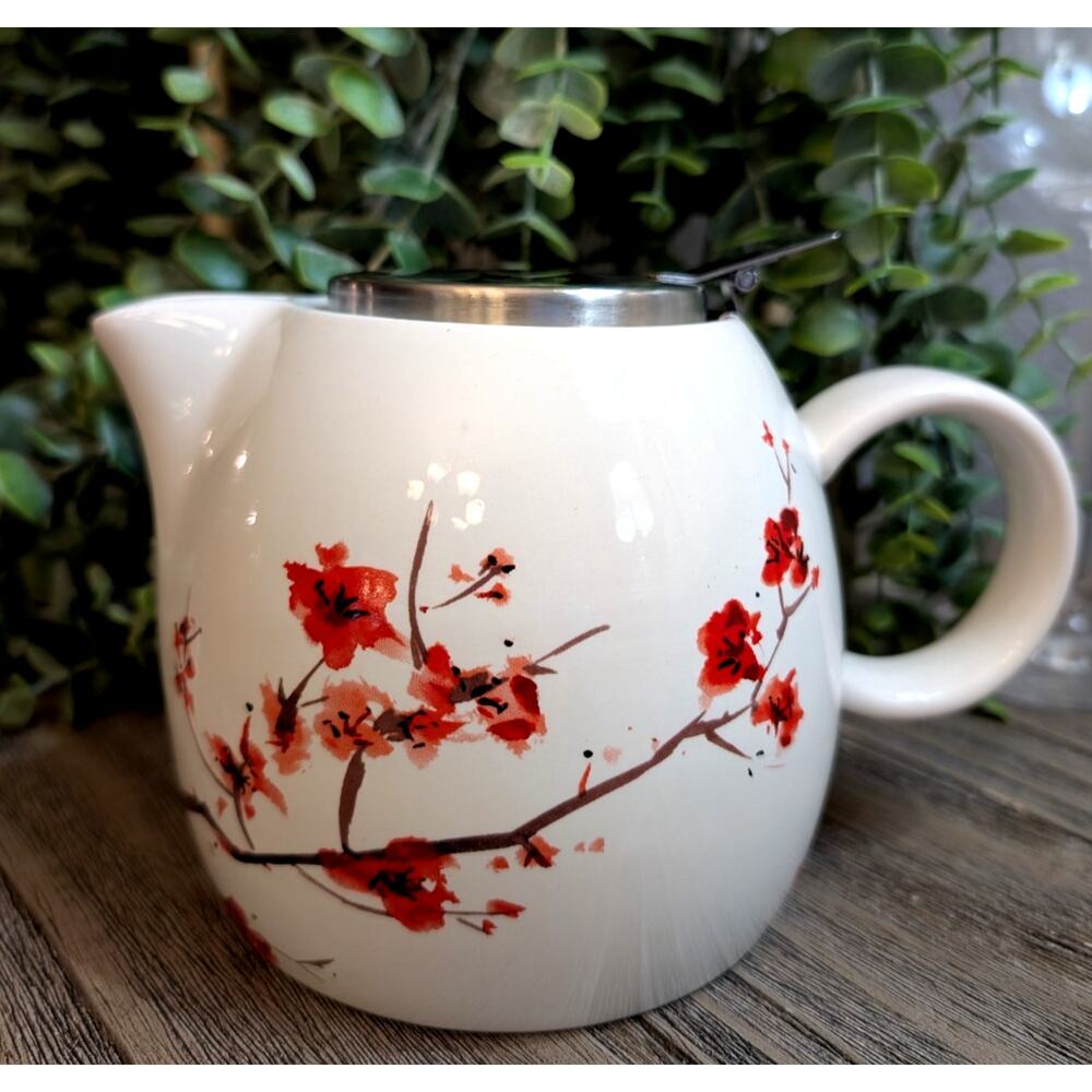 Tea Forte Ceramic Teapot Cherry Blossom Sakura Hinged Lid Small White Floral